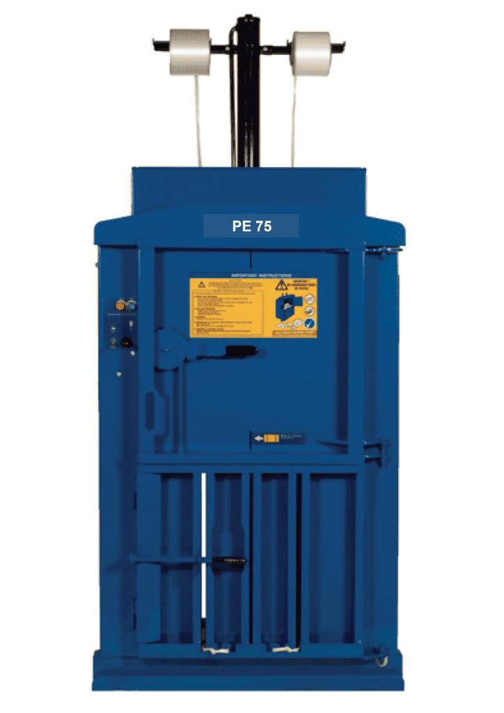 PE 75 small cardboard baler with twin polyester bale-tie reels, front view
