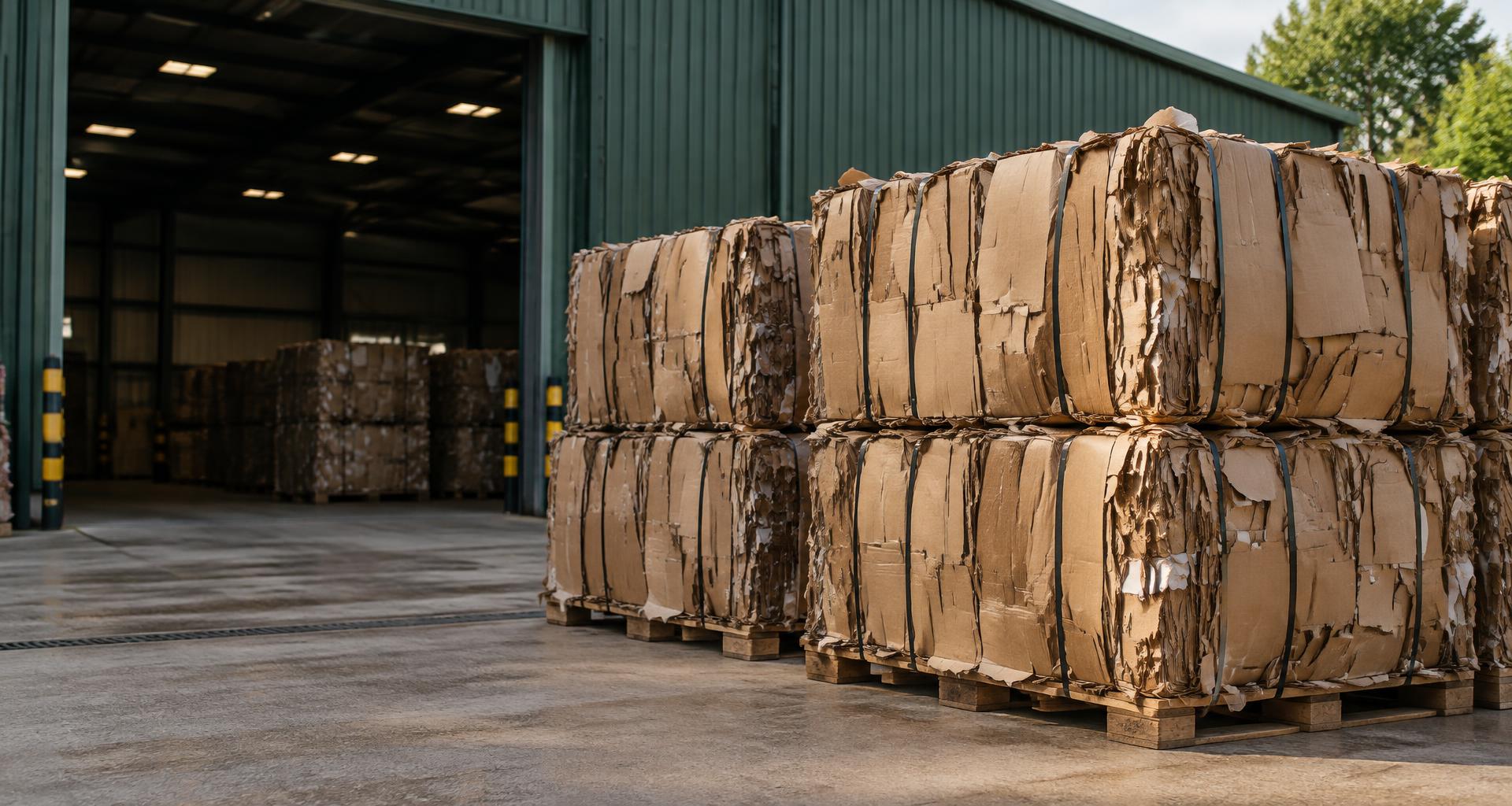 Cardboard bale collection — strapped cardboard bales stacked at a warehouse