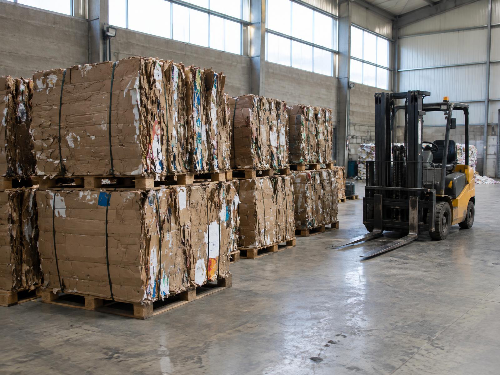How a cardboard baler works — strapped cardboard bales stacked on pallets in a warehouse