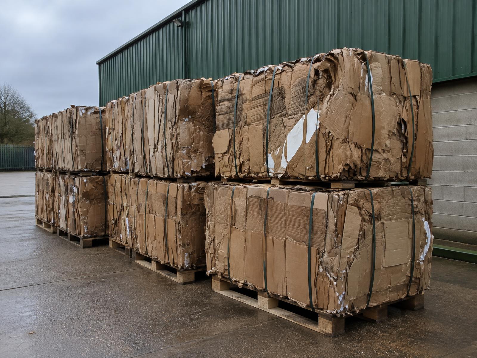 Cardboard bale collections — strapped cardboard bales stacked on pallets in a yard